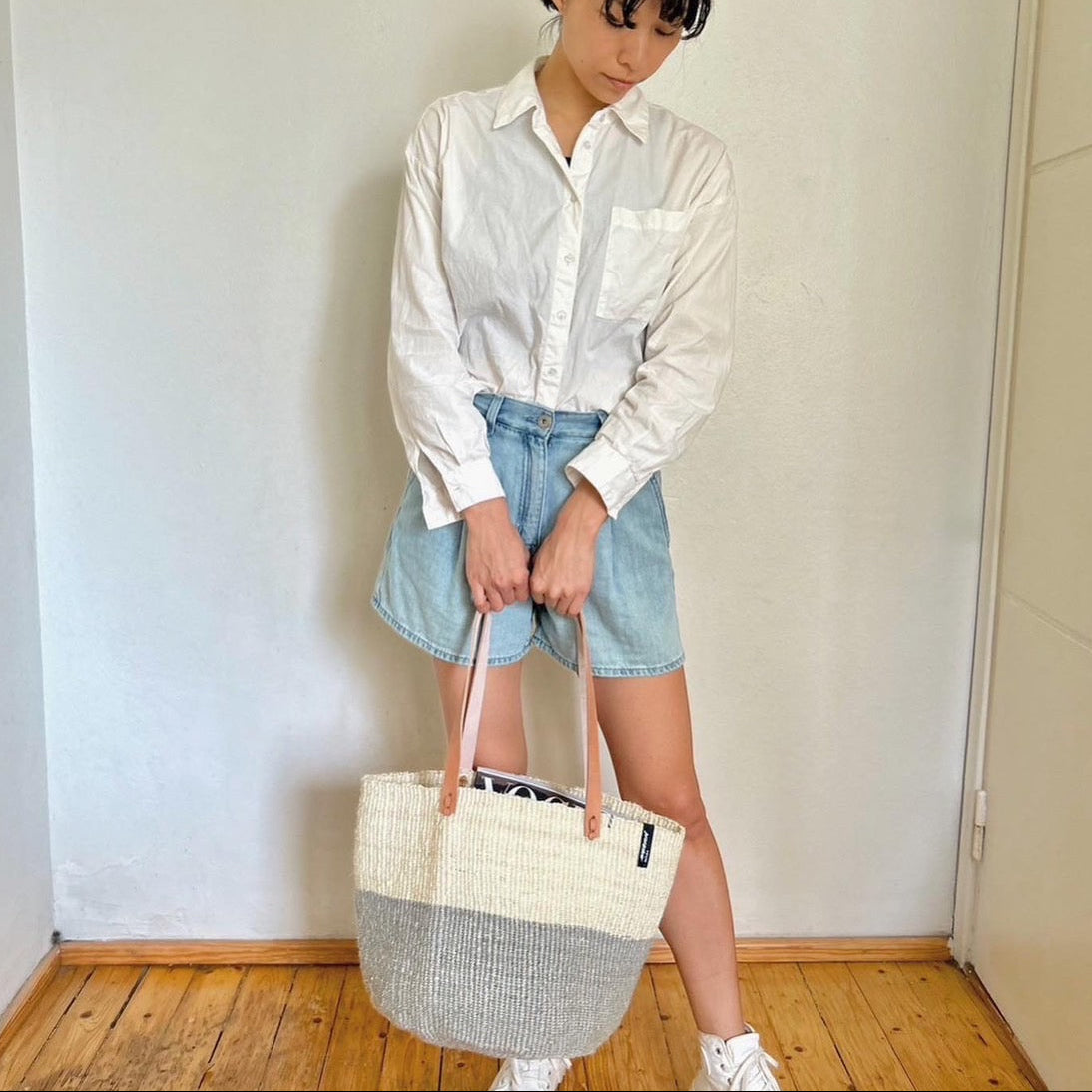 Kiondo shopper basket| Natural and Light grey duo M