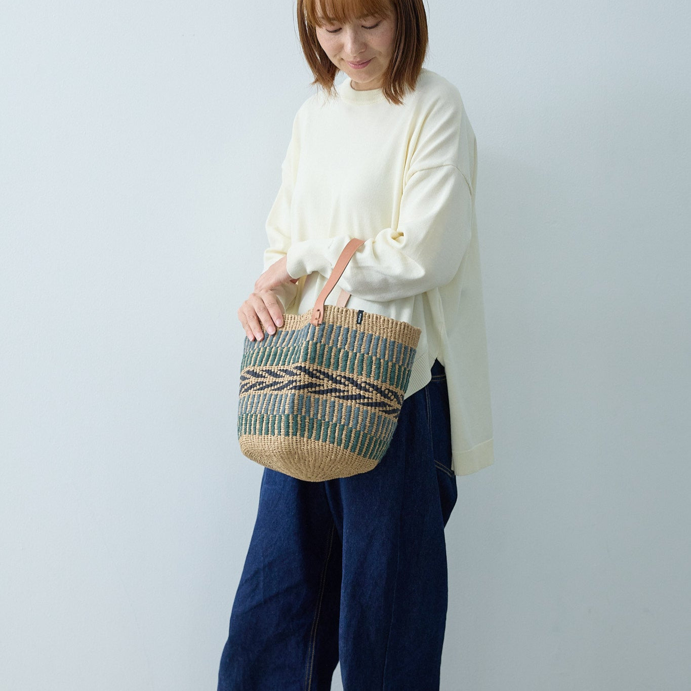 Pamba basket with handle | Green pattern weave S