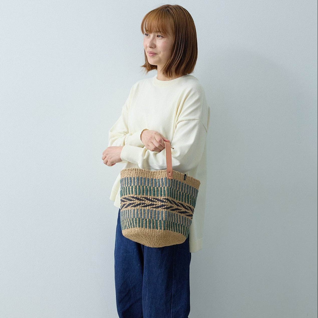 Pamba basket with handle | Green pattern weave S