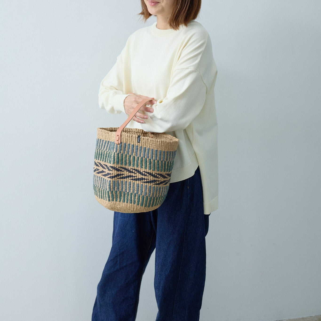 Pamba basket with handle | Green pattern weave S